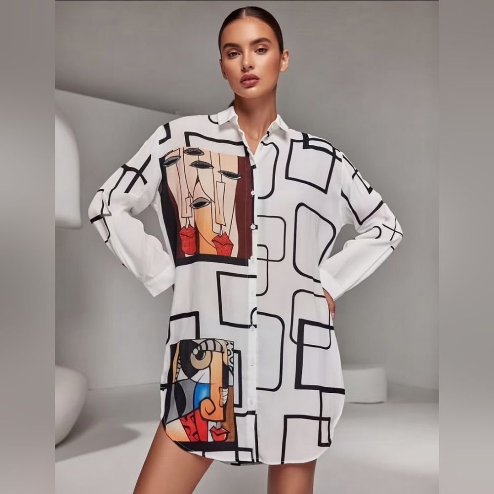 Vintage Abstract Face Shirt | Artsy Cubist Print Shirt | Size 42